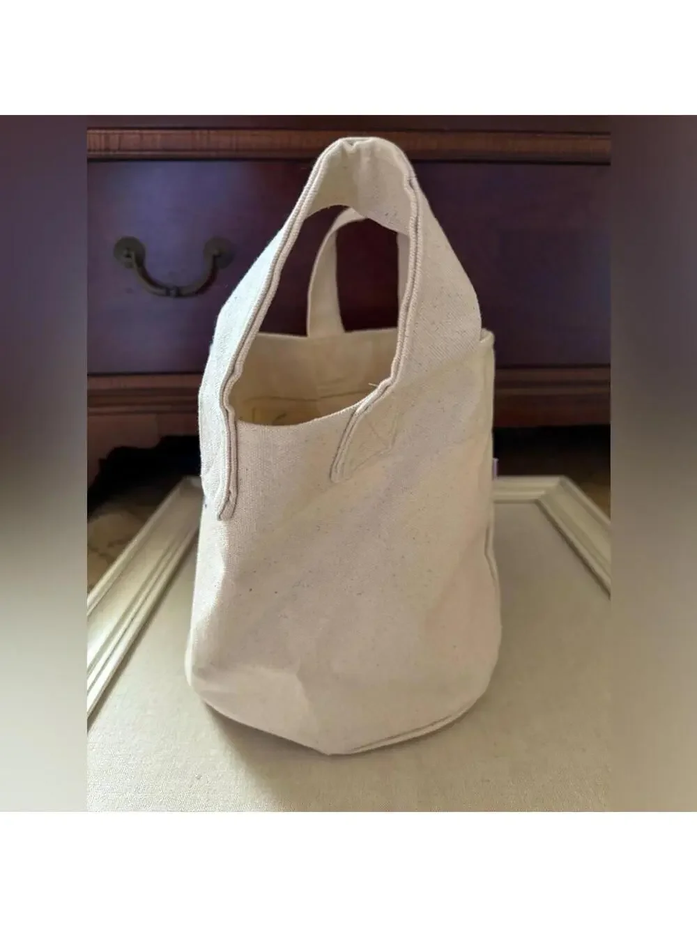 Canvas Small soft speckled off white bucket for socks with text NWOT